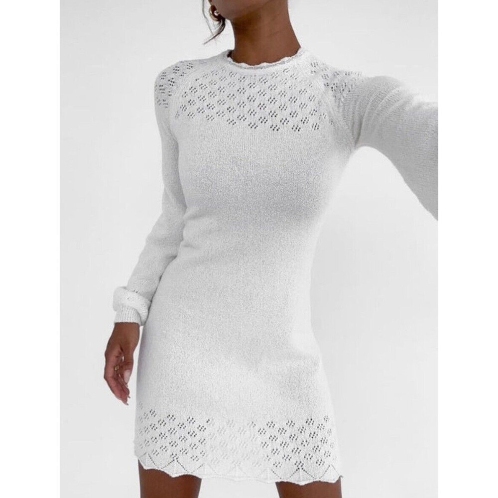 Rumored Vermont Mini Dress White Pointelle Mock Neck Mini Size S NWT